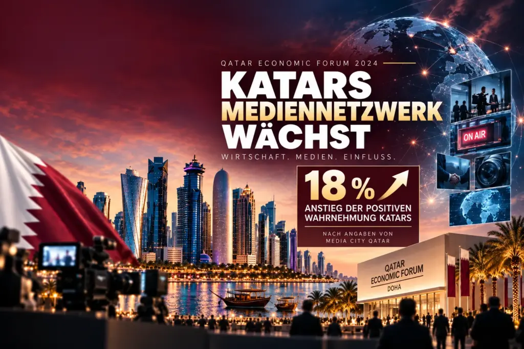Doha mit Medienmotiven, vernetzter Weltkugel und Hinweis auf Katars internationale Medienstrategie