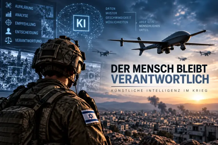 KI im Krieg: Die gefährliche Lücke zwischen Tempo und Kontrolle 7 Israelischer Soldat vor KI-Auswertung und Drohnen mit Hinweis auf menschliche Verantwortung im Krieg