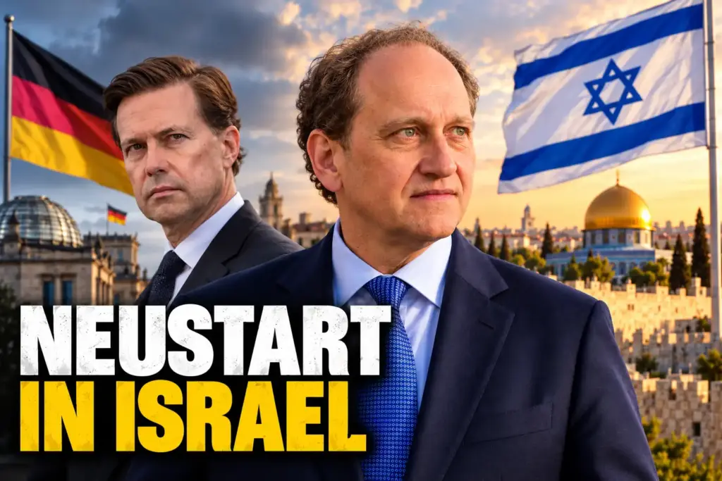 Symbolische Montage zum Botschafterwechsel zwischen Deutschland und Israel mit Berlin, Jerusalem und beiden Flaggen