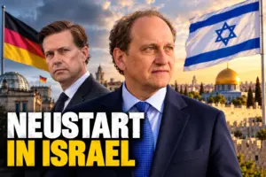 Symbolische Montage zum Botschafterwechsel zwischen Deutschland und Israel mit Berlin, Jerusalem und beiden Flaggen
