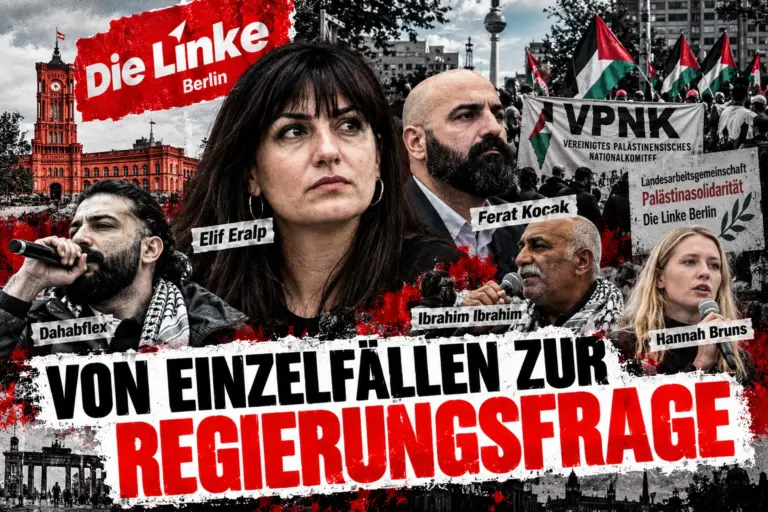 Symbolische politische Collage zur Berliner Linken mit VPNK, Palästina-Arbeitsgemeinschaft und Regierungsfrage
