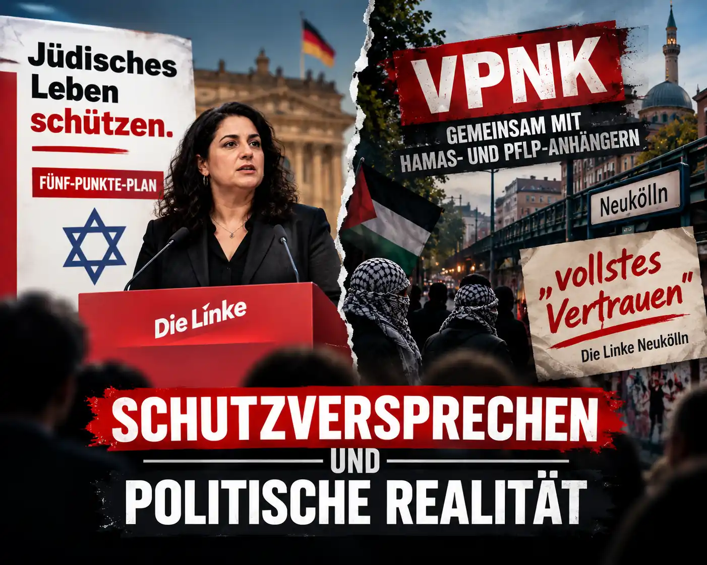 Schutzversprechen und VPNK-Debatte bei der Berliner Linken Symbolische Gegenüberstellung der Berliner Linken, jüdischen Lebens und der VPNK-Debatte in Neukölln
