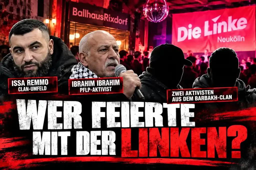 Symbolische Montage mit Issa Remmo, Ibrahim Ibrahim und zwei anonymisierten Aktivisten vor einer Wahlparty der Linken Neukölln