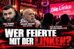 Symbolische Montage mit Issa Remmo, Ibrahim Ibrahim und zwei anonymisierten Aktivisten vor einer Wahlparty der Linken Neukölln
