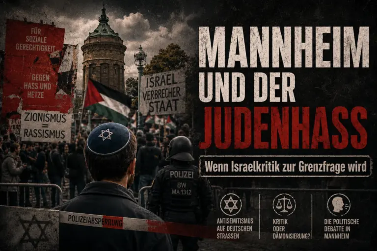 Mannheim: Antisemitismus-Hotspot und ein SPD-Widerspruch 16 Symbolische Darstellung zu Antisemitismus in Mannheim mit Demonstration, Kippa, Polizeipräsenz und Israel-bezogenen Protestschildern