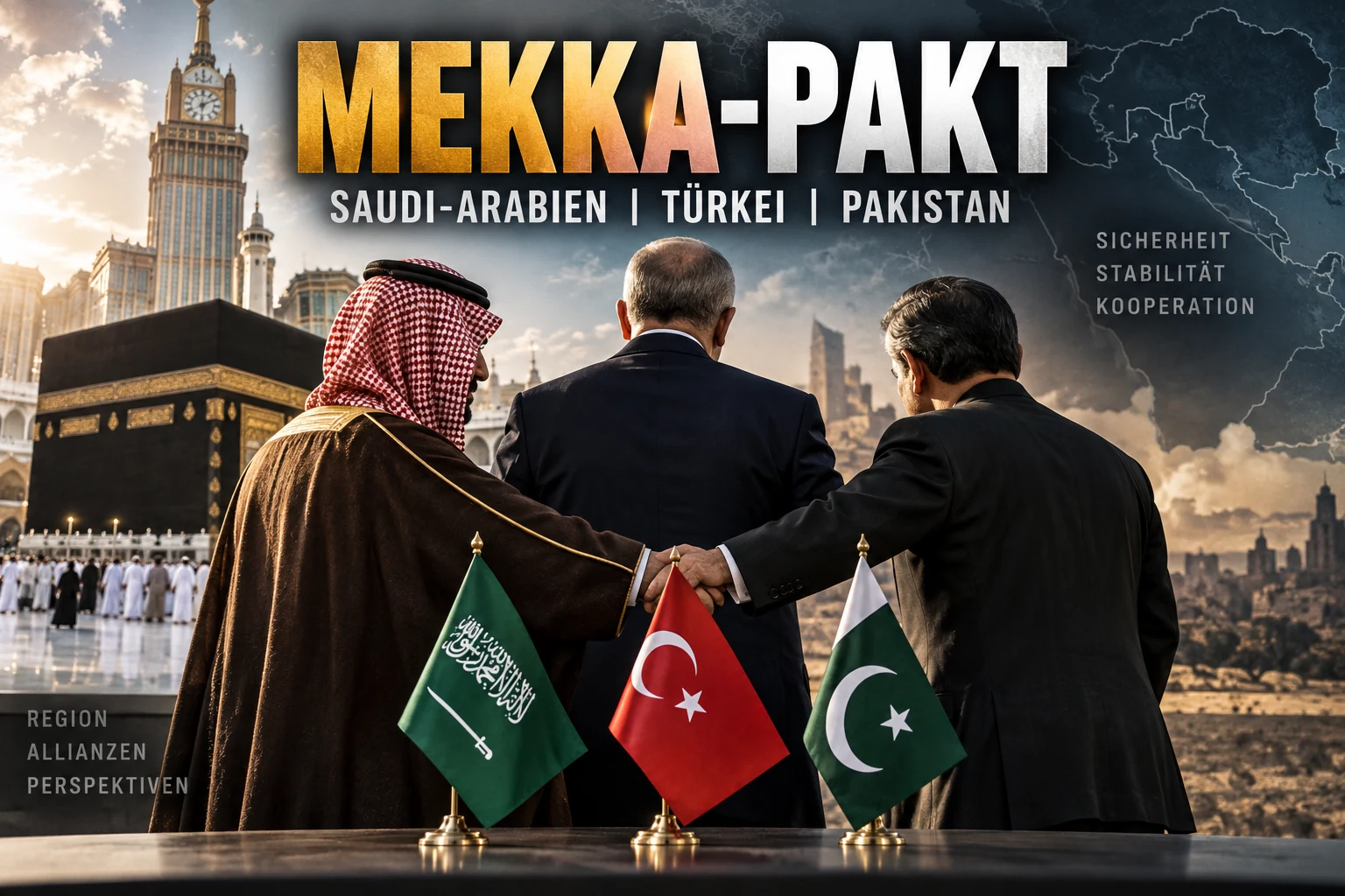 Mekka-Pakt zwischen Saudi-Arabien, Türkei und Pakistan Symbolische Darstellung des Mekka-Pakts mit den Flaggen Saudi-Arabiens, der Türkei und Pakistans vor der Kaaba
