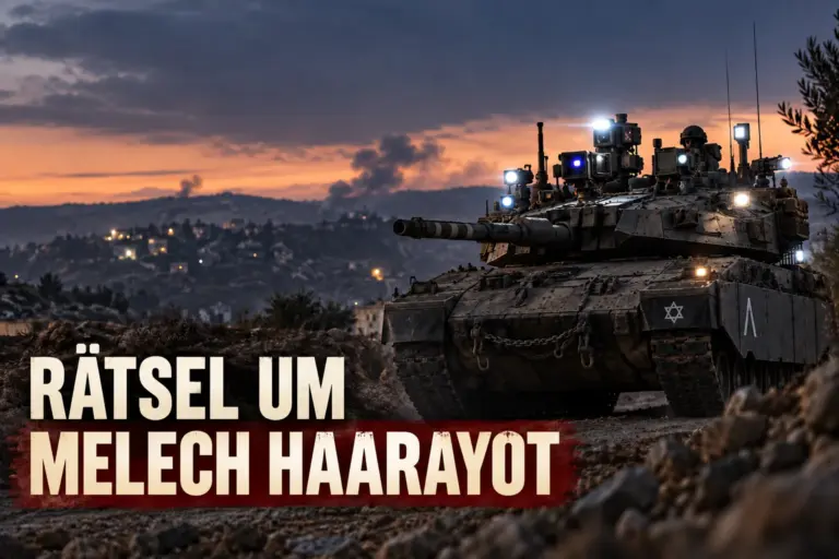 Melech HaArayot: Was steckt hinter Israels rätselhaftem Panzer? 7 Israelischer Kampfpanzer mit mehreren hellen Lichtquellen am Turm vor einer hügeligen Landschaft bei Dämmerung.