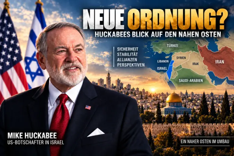 Mike Huckabee vor US- und Israel-Flaggen mit Jerusalem und einer regionalen Nahost-Darstellung