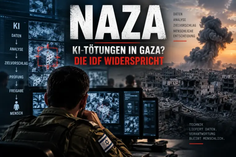 Symbolische Darstellung mit israelischem Soldaten vor KI-Zielsystemen und zerstörter Stadtlandschaft in Gaza