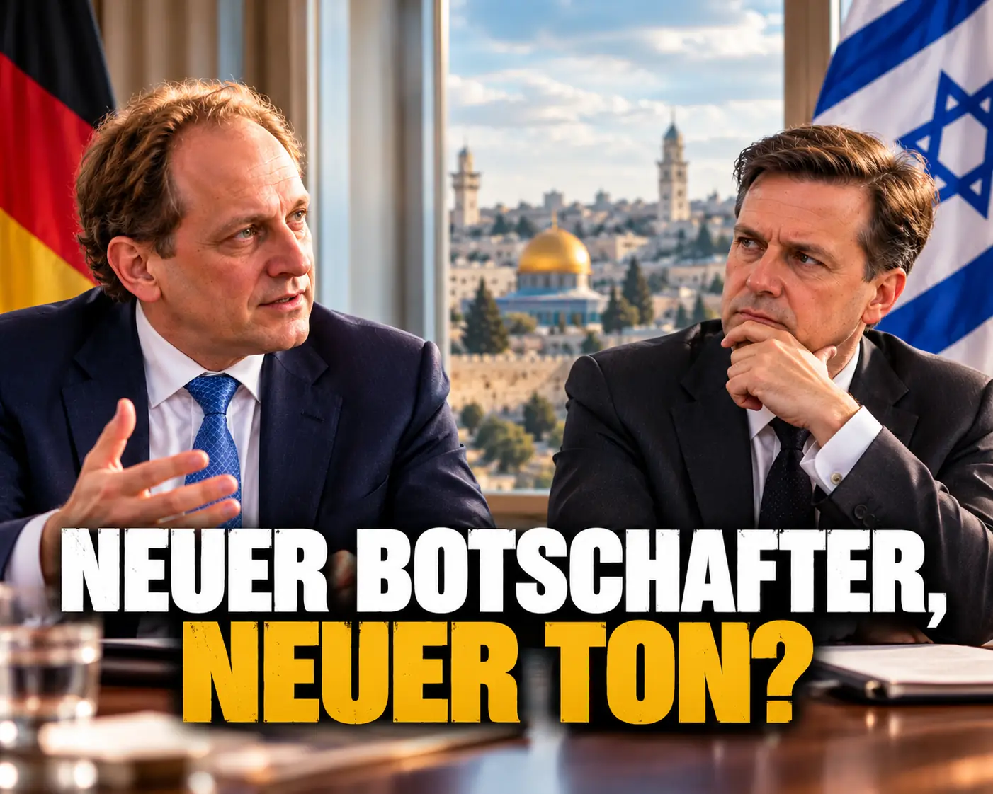 Neuer Botschafter, neuer Ton? Alexander Graf Lambsdorff und Steffen Seibert im Gespräch vor Jerusalem und den deutschen und israelischen Flaggen