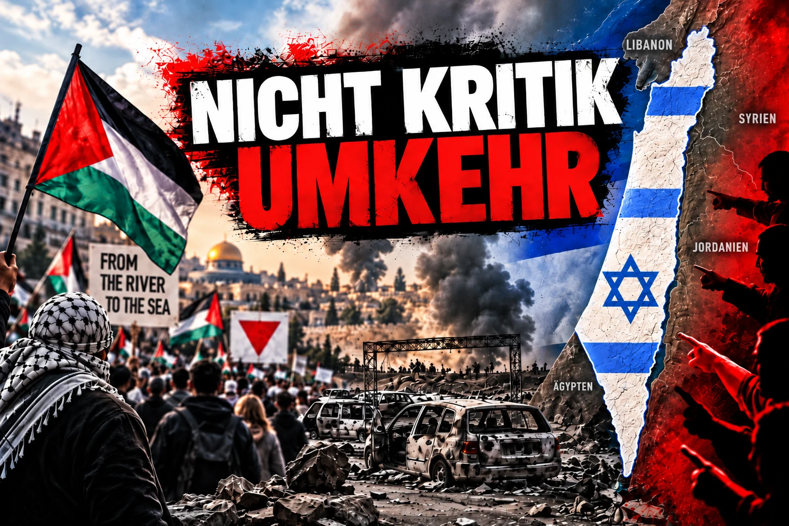 Nicht Kritik Umkehr Redaktionelle Collage mit Protestszene, zerstörten Fahrzeugen und Israelkarte einschließlich der Golanhöhen