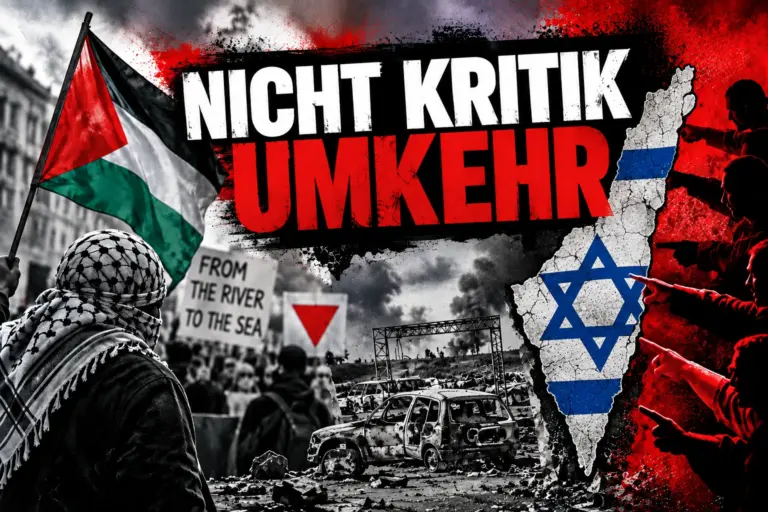 Redaktionelle Collage mit Protestszene, zerstörten Fahrzeugen und Israelkarte zur Täter-Opfer-Umkehr