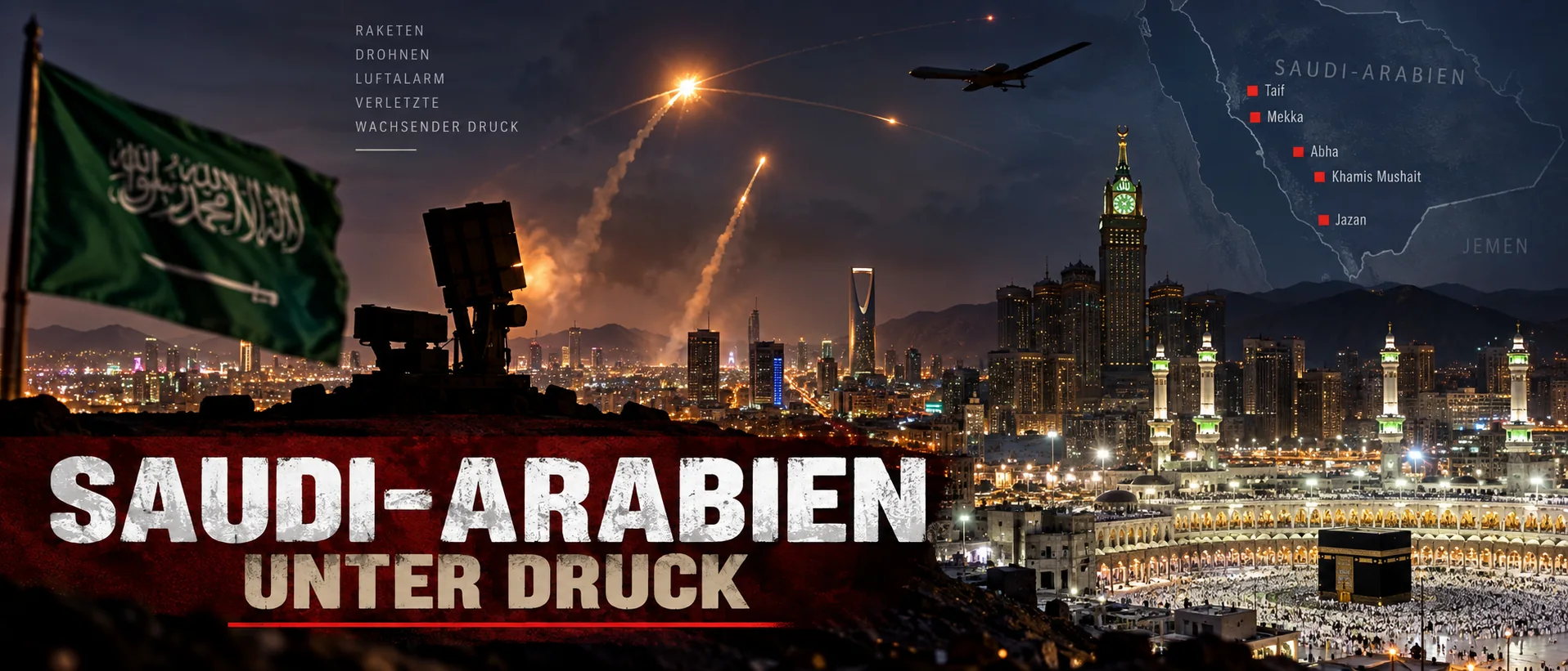 Saudi-Arabien unter Druck durch Houthi-Angriffe Houthi-Angriffe auf Saudi-Arabien mit Luftabwehr, Drohne, Mekka und markierten saudischen Städten