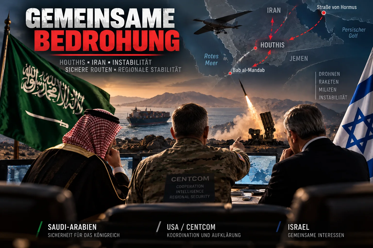 Saudi-Arabien, Israel und CENTCOM vor gemeinsamer Bedrohung Symbolische Darstellung gemeinsamer Sicherheitsinteressen Saudi-Arabiens, Israels und der USA gegenüber den Houthis