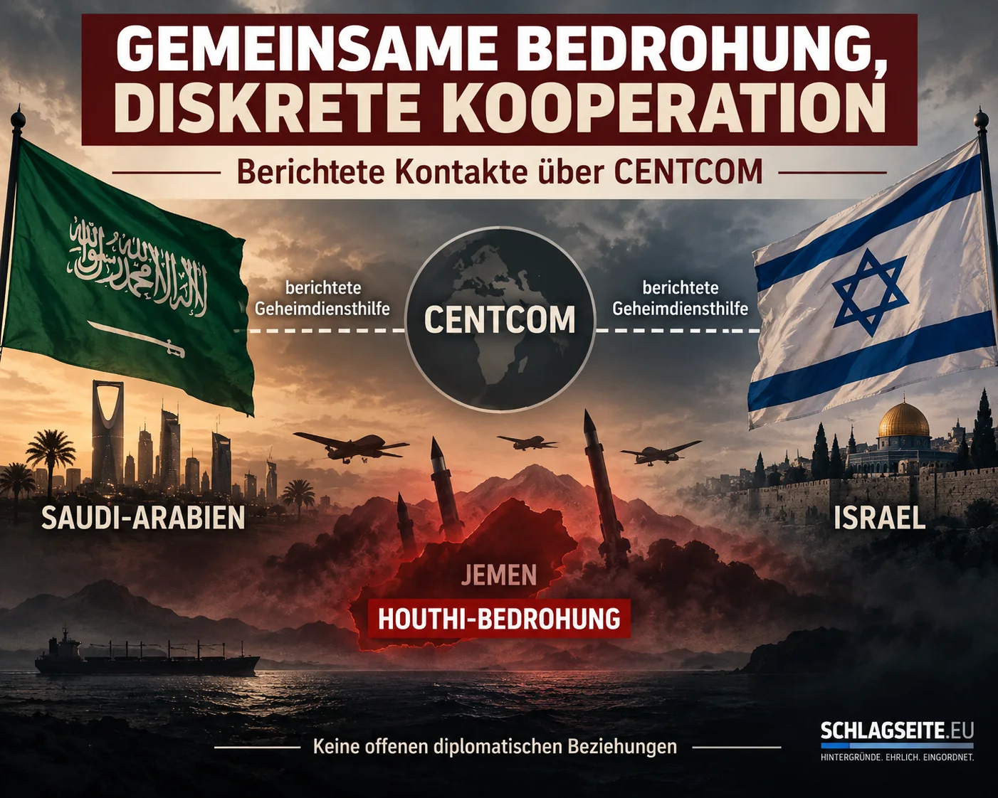 Gemeinsame Bedrohung, diskrete Kooperation Infografik zu berichteten CENTCOM-Kontakten zwischen Saudi-Arabien und Israel vor dem Hintergrund der Houthi-Bedrohung aus dem Jemen