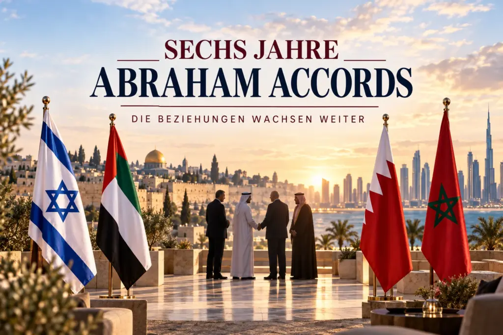 Titelbild zu sechs Jahren Abraham Accords mit den Flaggen Israels, der VAE, Bahrains und Marokkos sowie einer symbolischen diplomatischen Begegnung vor einer Nahost-Kulisse.