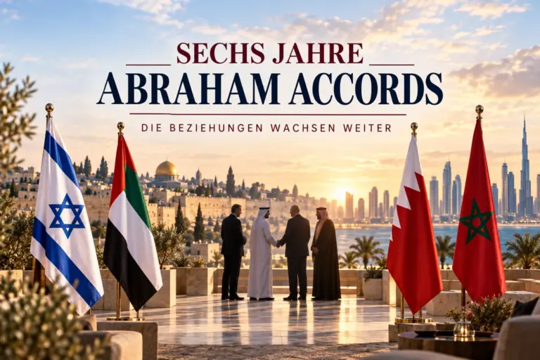 Titelbild zu sechs Jahren Abraham Accords mit den Flaggen Israels, der VAE, Bahrains und Marokkos sowie einer symbolischen diplomatischen Begegnung vor einer Nahost-Kulisse.