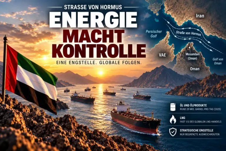 Hormus als Druckmittel: Die VAE ziehen Iran eine rote Linie 22 Symbolische Darstellung der Straße von Hormus mit Tankern, VAE-Flagge, Karten-Inset und Infoboxen zu Öl, LNG und strategischer Bedeutung.