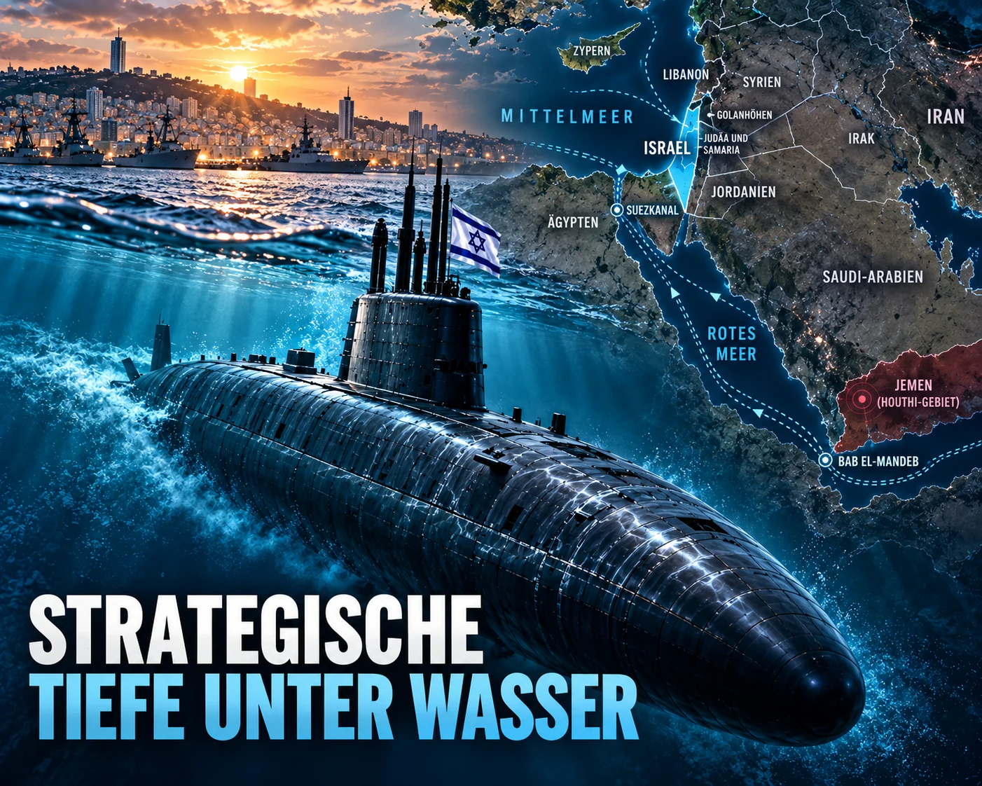 Strategische Tiefe unter Wasser Israelisches U-Boot vor einer Karte vom Mittelmeer bis zum Roten Meer und Iran