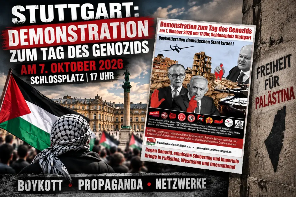 Symbolische Montage zu einer Demonstration am 7. Oktober in Stuttgart mit Protestszene, palästinensischer Flagge und Veranstaltungsflyer