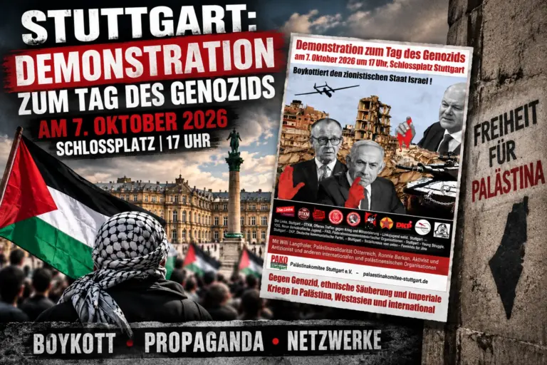 Palästinakomitee Stuttgart: Täter-Opfer-Umkehr am 7. Oktober 16 Symbolische Montage zu einer Demonstration am 7. Oktober in Stuttgart mit Protestszene, palästinensischer Flagge und Veranstaltungsflyer