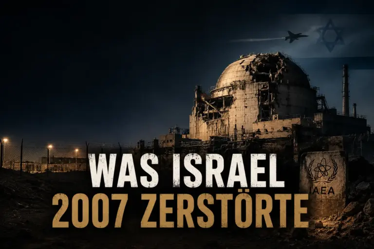 2007 zerstörte Israel den Reaktor. 2026 bestätigt ihn die IAEA 7 Symbolische Darstellung eines zerstörten syrischen Reaktorgeländes mit israelischem Kampfjet, IAEA-Symbolik und der Überschrift „Was Israel 2007 zerstörte“