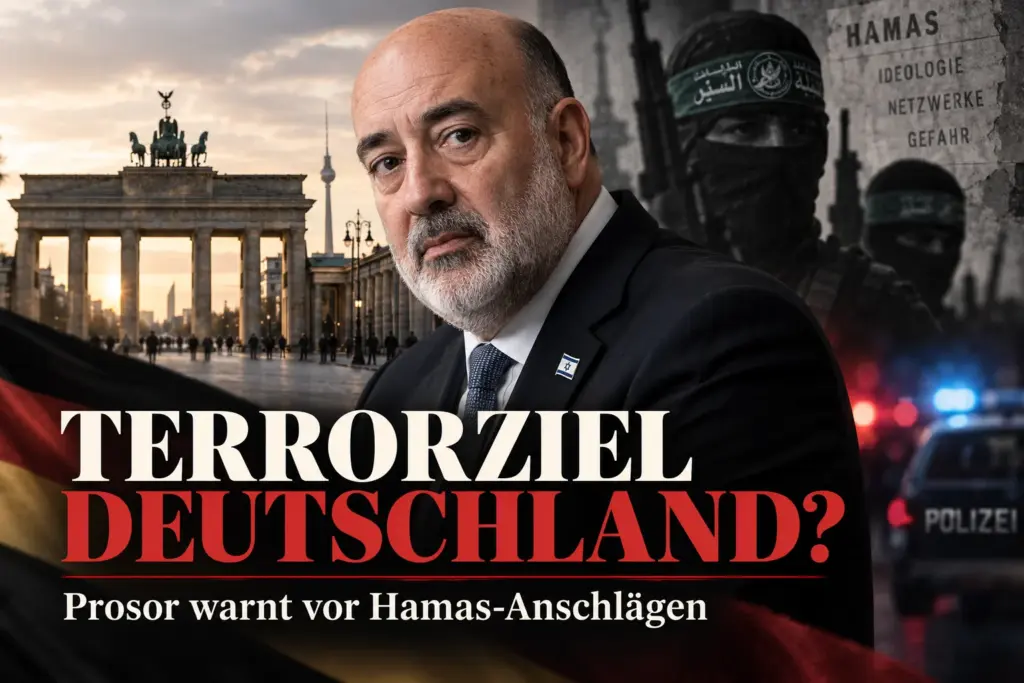 Symbolische Darstellung zur Gefahr von Hamas-Anschlägen in Deutschland vor Berliner Kulisse