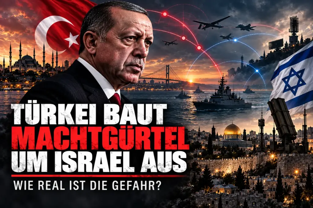 Symbolische Montage mit Recep Tayyip Erdoğan, türkischer und israelischer Flagge sowie militärischen Motiven zwischen Istanbul und Jerusalem.