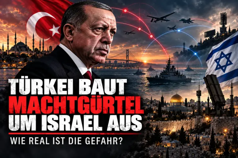 Türkei baut Machtgürtel um Israel aus: Wie real ist die Gefahr? 18 Symbolische Montage mit Recep Tayyip Erdoğan, türkischer und israelischer Flagge sowie militärischen Motiven zwischen Istanbul und Jerusalem.