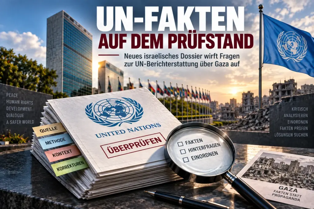 Titelbild mit UN-Hauptquartier, freier Badge-Zone links oben, Aktenstapel, Lupe und der Überschrift „UN-Fakten auf dem Prüfstand“