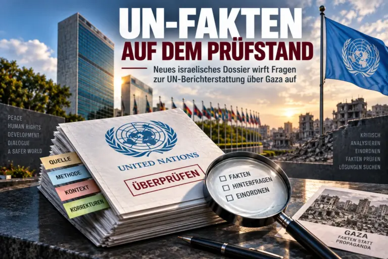 Titelbild mit UN-Hauptquartier, freier Badge-Zone links oben, Aktenstapel, Lupe und der Überschrift „UN-Fakten auf dem Prüfstand“