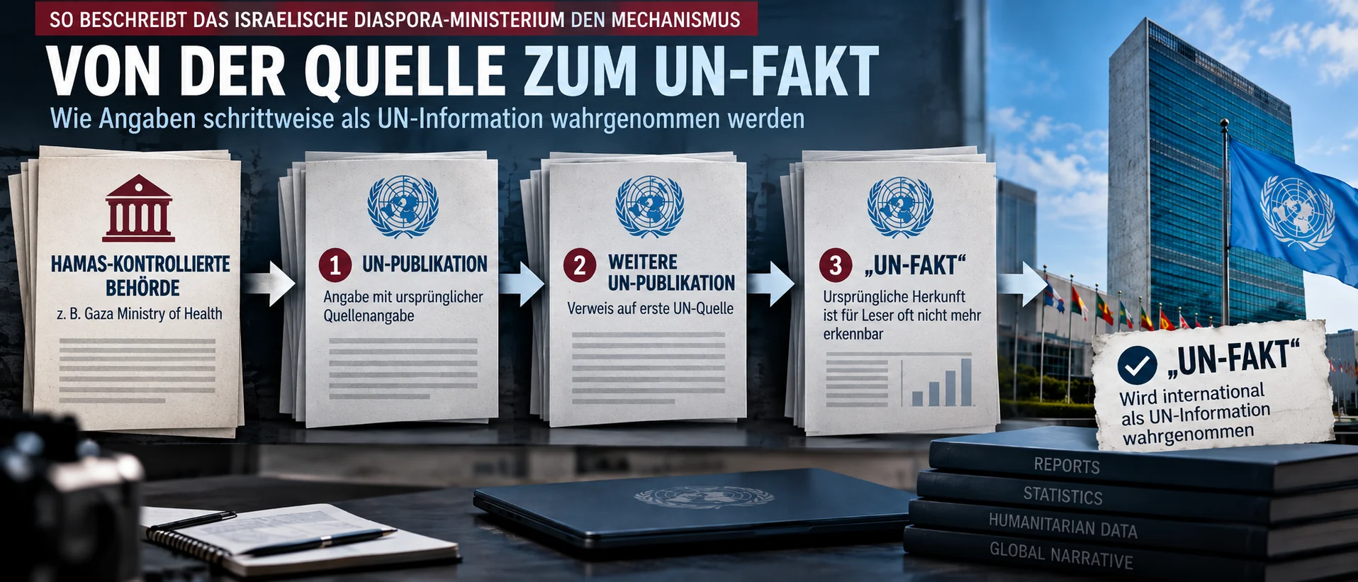 Von der Quelle zum UN-Fakt Infografik zum vom israelischen Diaspora-Ministerium beschriebenen Weg von einer Hamas-kontrollierten Behörde über UN-Publikationen zur UN-Information