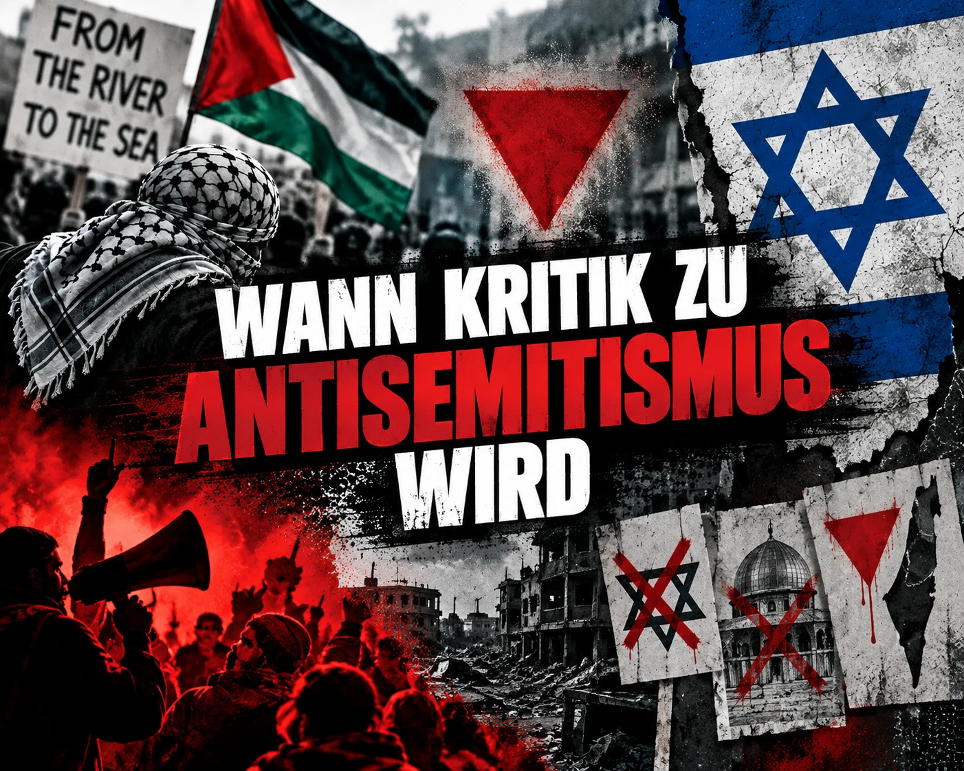 Wann Kritik zu Antisemitismus wird Redaktionelle Collage mit Protestszene, israelischer Flagge, rotem Dreieck und Protestschildern zum Thema Antisemitismus