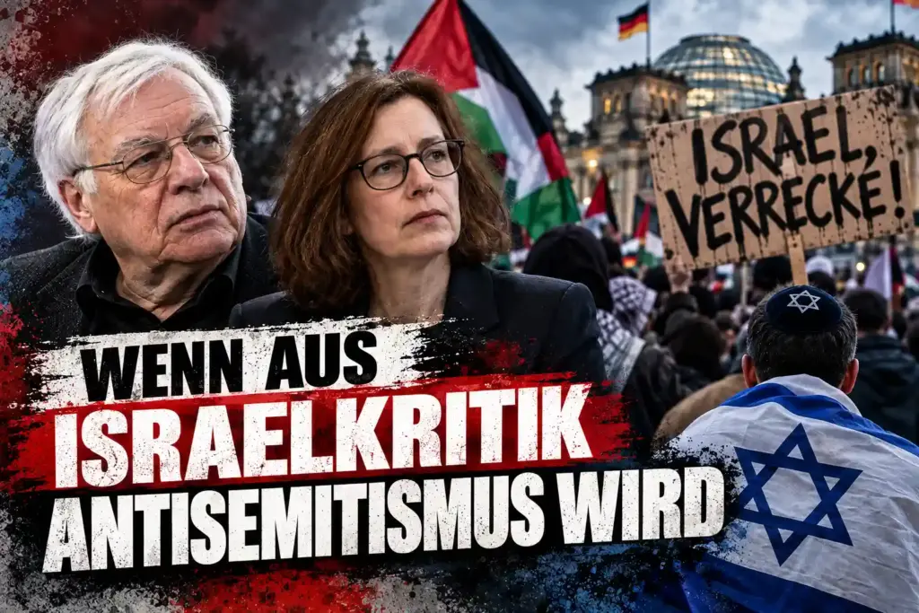 Redaktionelle Montage mit Wolfgang Benz, Stefanie Schüler-Springorum und einer Demonstrationsszene zur Israelkritik