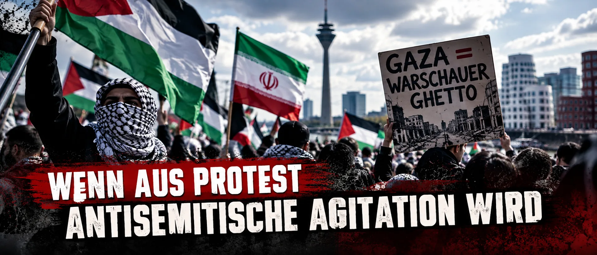 Wenn aus Protest antisemitische Agitation wird Symbolische Darstellung zum Aufmarsch am 26. September 2026 mit Palästina- und Iran-Fahnen und Plakat „Gaza = Warschauer Ghetto“.