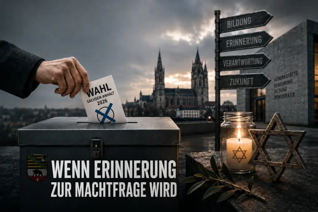 AfD Sachsen-Anhalt: Symbolische Wahlurne mit Gedenkkerze, Davidstern und Wegweisern zu Erinnerung und Verantwortung
