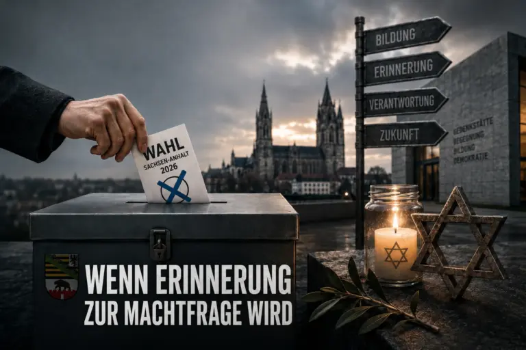 AfD Sachsen-Anhalt: Symbolische Wahlurne mit Gedenkkerze, Davidstern und Wegweisern zu Erinnerung und Verantwortung