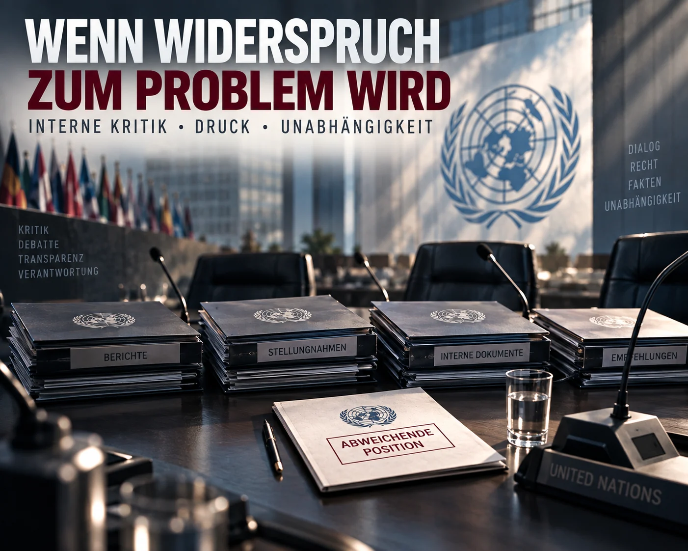 Wenn Widerspruch zum Problem wird Symbolische UN-Konferenzszene mit Akten, Mikrofonen und hervorgehobener abweichender Position als Bild für internen Widerspruch und institutionellen Druck
