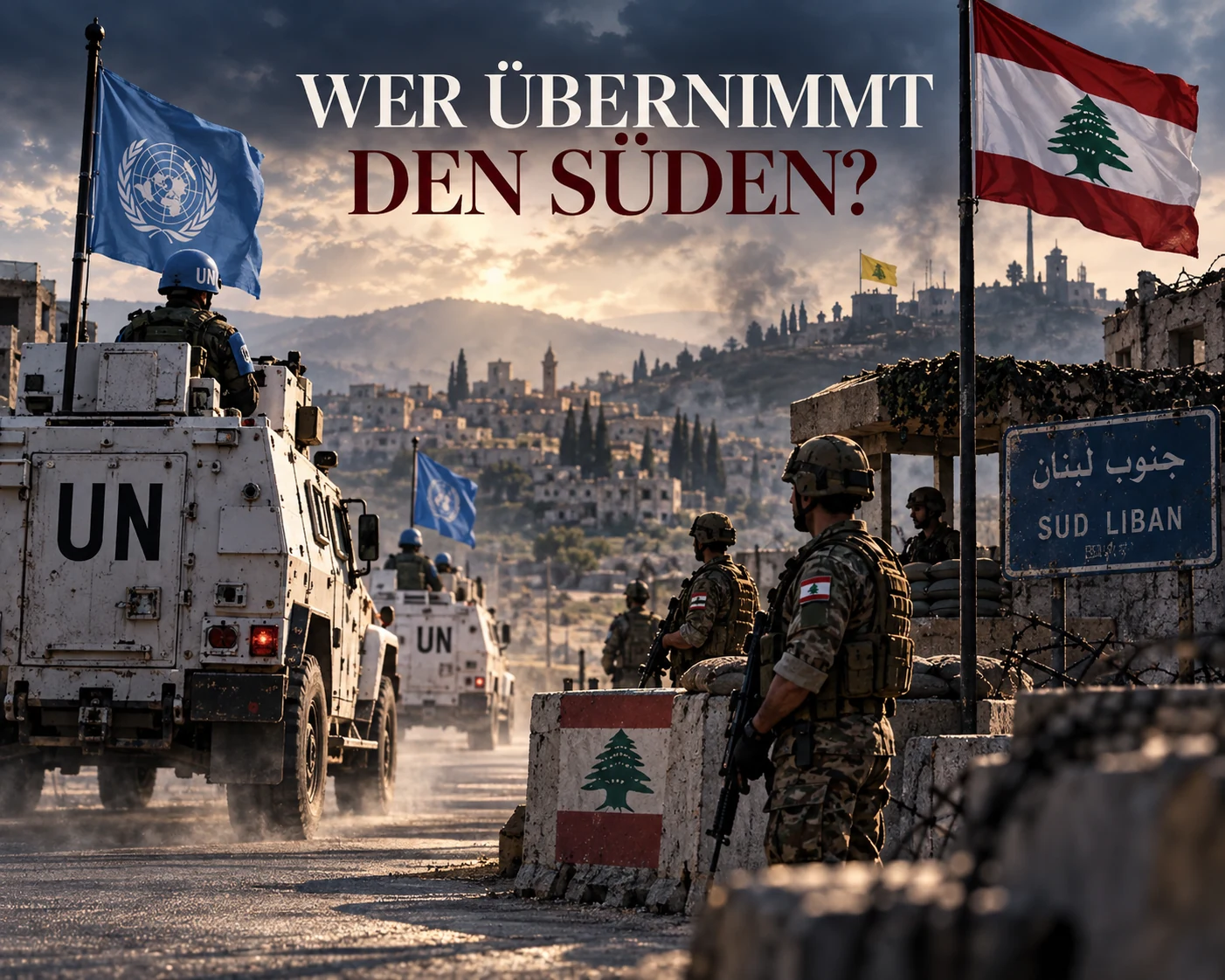 Wer übernimmt den Süden? UNIFIL und die libanesische Armee Symbolische Darstellung von UN-Fahrzeugen und libanesischen Soldaten an einem Kontrollpunkt im Südlibanon