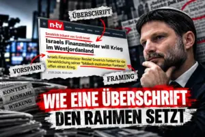Symbolische Medienmontage zu Bezalel Smotrich, n-tv-Schlagzeile sowie Framing durch Überschrift und Vorspann