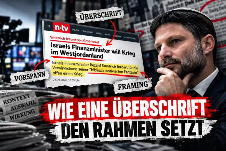 Symbolische Medienmontage zu Bezalel Smotrich, n-tv-Schlagzeile sowie Framing durch Überschrift und Vorspann