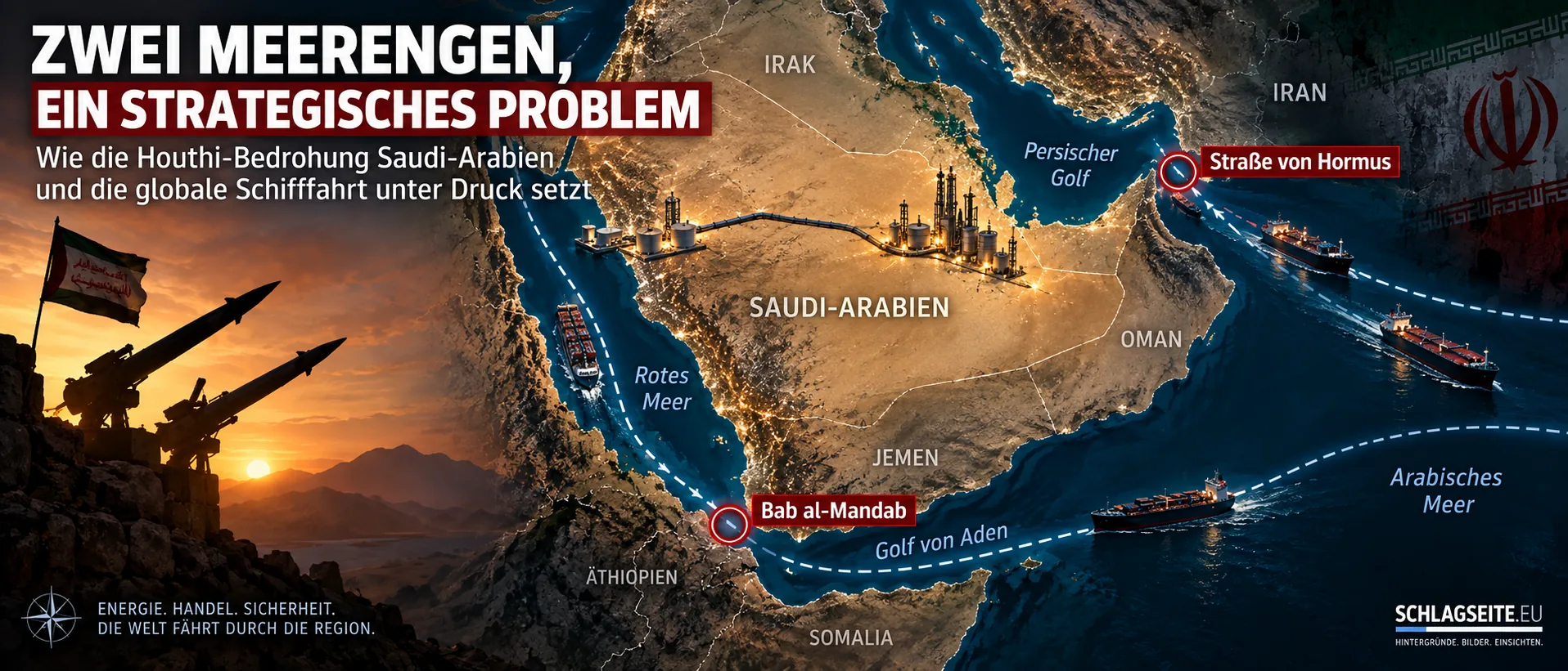 Zwei Meerengen, ein strategisches Problem Saudi-Arabien unter Houthi-Druck: Karte mit Straße von Hormus, Bab al-Mandab und internationalen Schifffahrtsrouten
