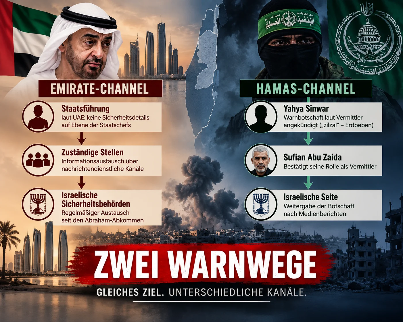 Zwei Warnwege vor dem 7. Oktober Infografik zu zwei Warnwegen und dem behaupteten Versagen vor dem 7. Oktober