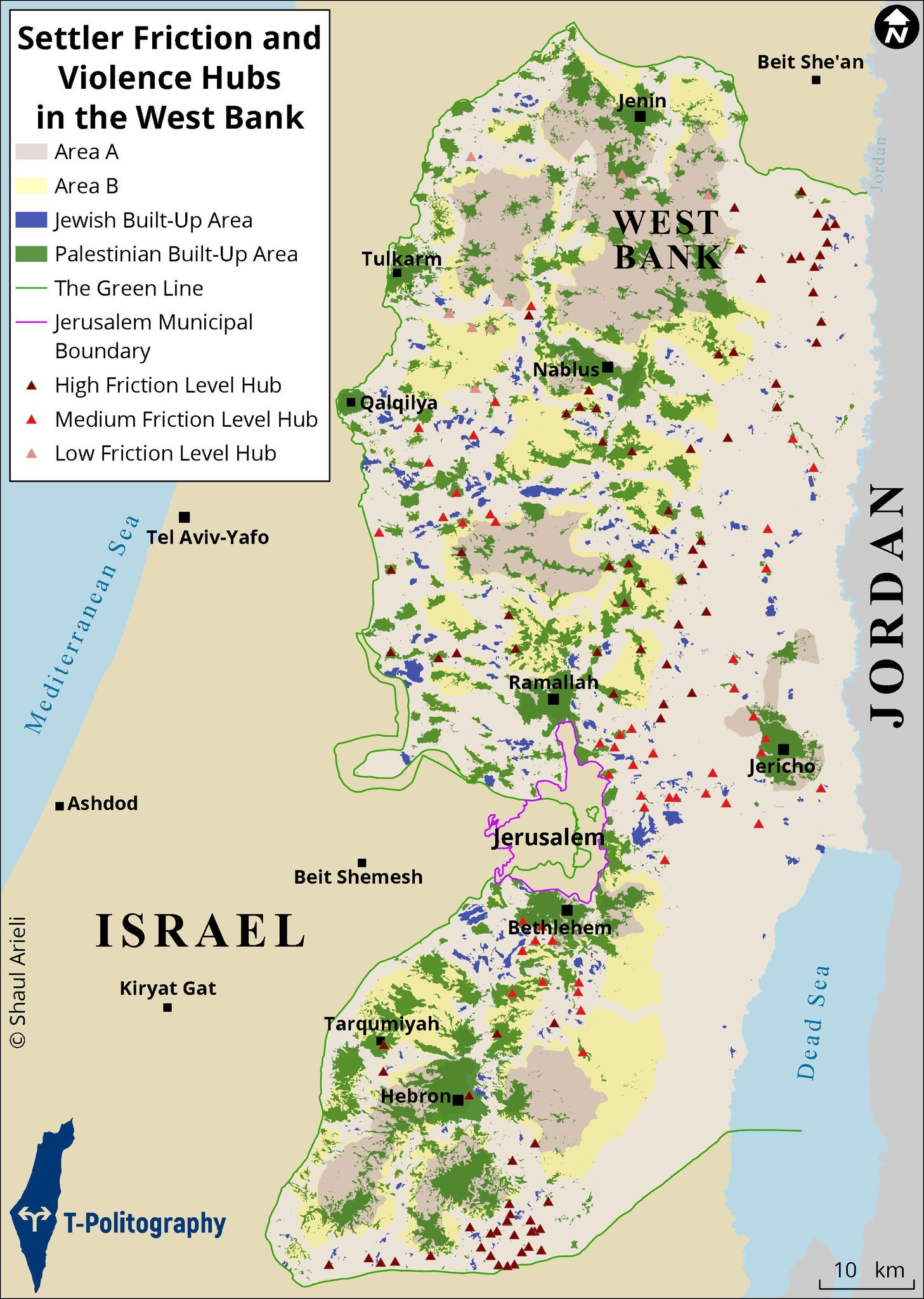 Karte von Judäa und Samaria mit israelischen und palästinensischen Siedlungsflächen sowie markierten Konfliktschwerpunkten.