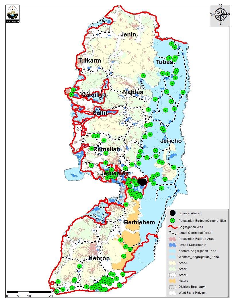 Karte von Judäa und Samaria mit Beduinengemeinden, israelischen Ortschaften und der Einteilung in Area A, B und C.