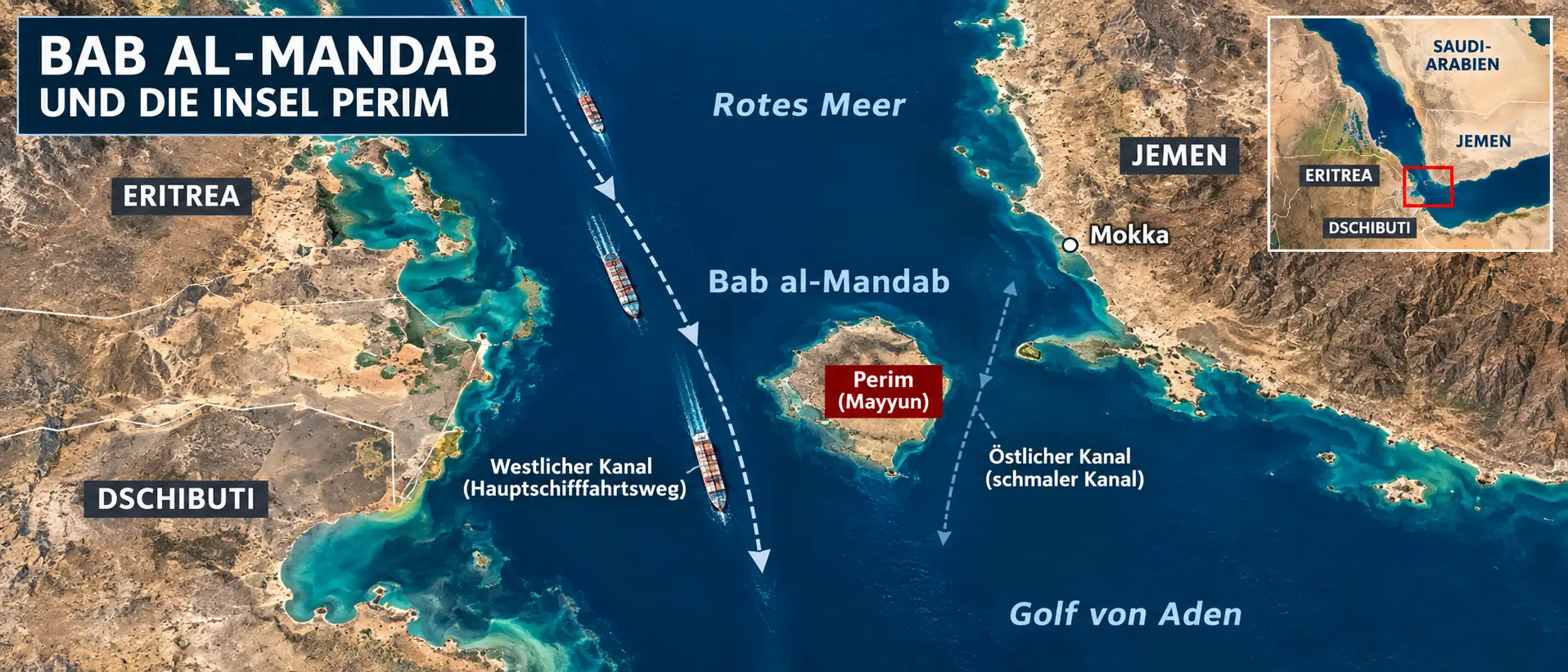 Bab al-Mandab und die Insel Perim - Strategische Meerenge Schematische KI-Illustration von Bab al-Mandab mit Perim, Mokka und westlicher Schifffahrtsroute.