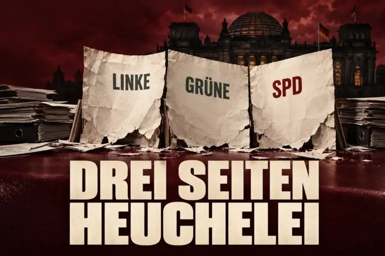 Drei zerrissene Papierseiten mit Linke, Grüne und SPD vor dem Reichstag, beschriftet „Drei Seiten Heuchelei“, symbolische Darstellung.