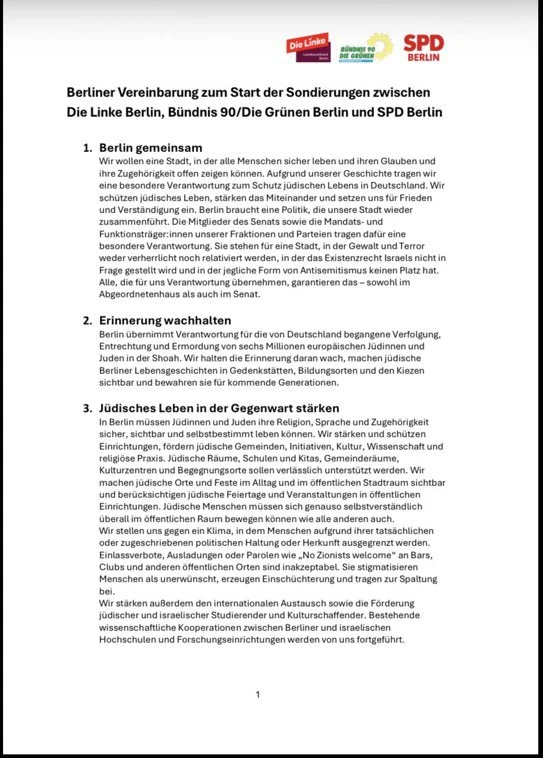 Erste Seite der Berliner Vereinbarung von Linken, Grünen und SPD über Erinnerungskultur und jüdisches Leben.