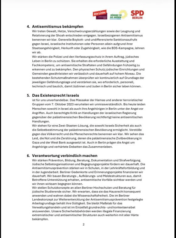 Zweite Seite der Berliner Vereinbarung über Antisemitismusbekämpfung, Israels Existenzrecht und den Schutz jüdischen Lebens.