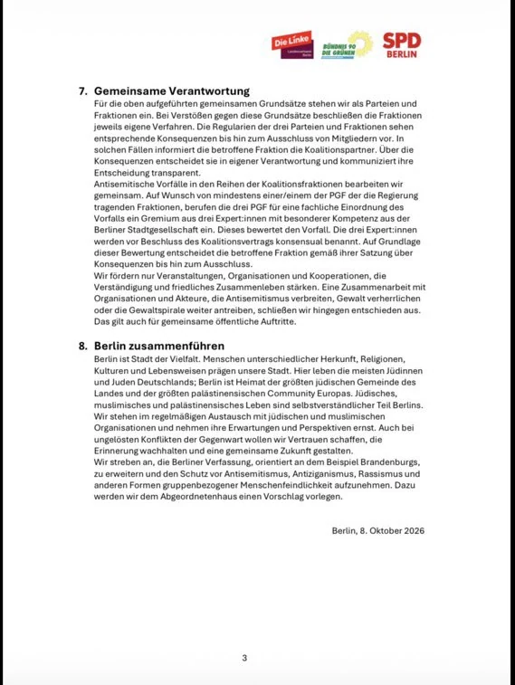 Dritte Seite der Berliner Vereinbarung mit dem Verfahren bei antisemitischen Vorfällen in den eigenen Fraktionen.